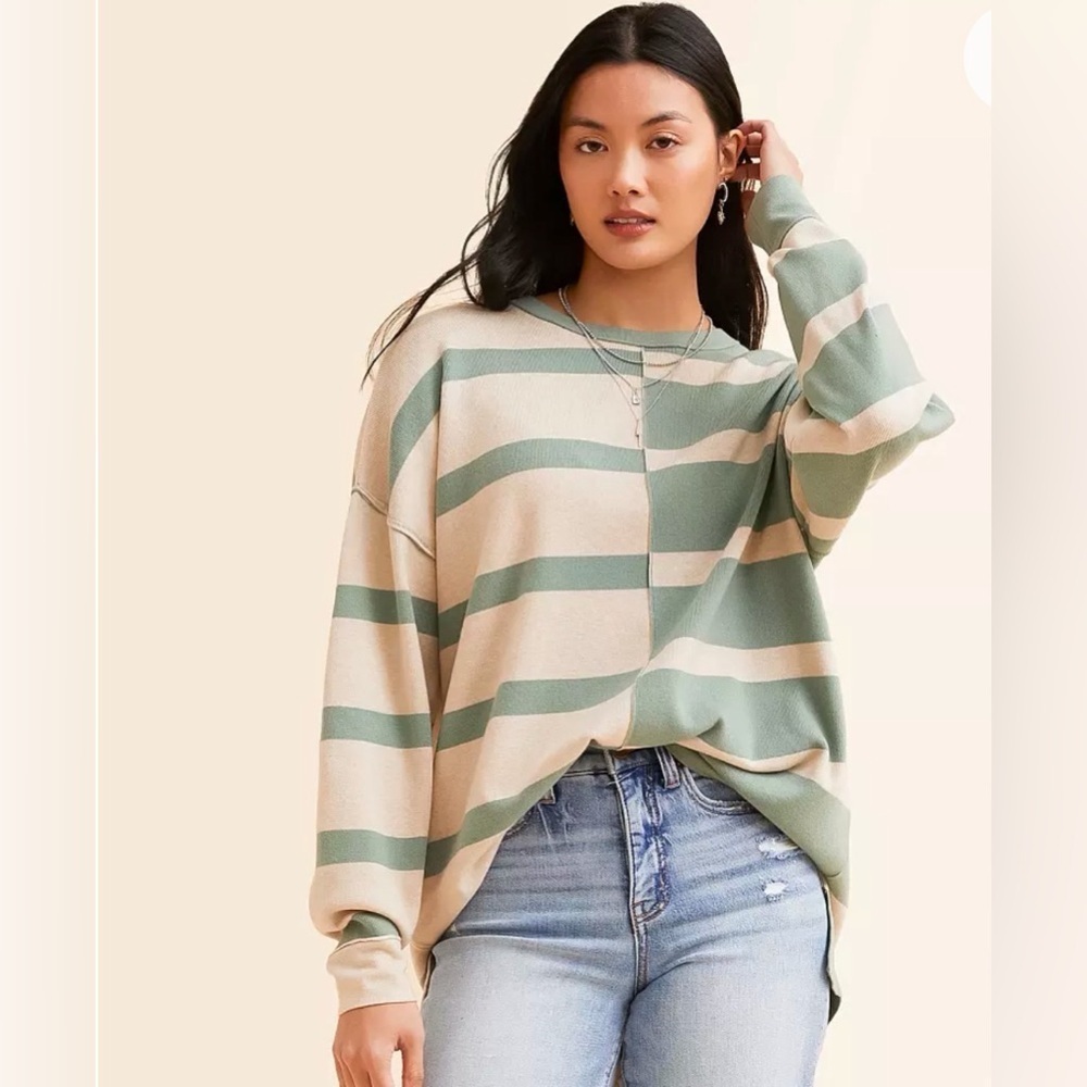 BKE Green and Cream Striped Top